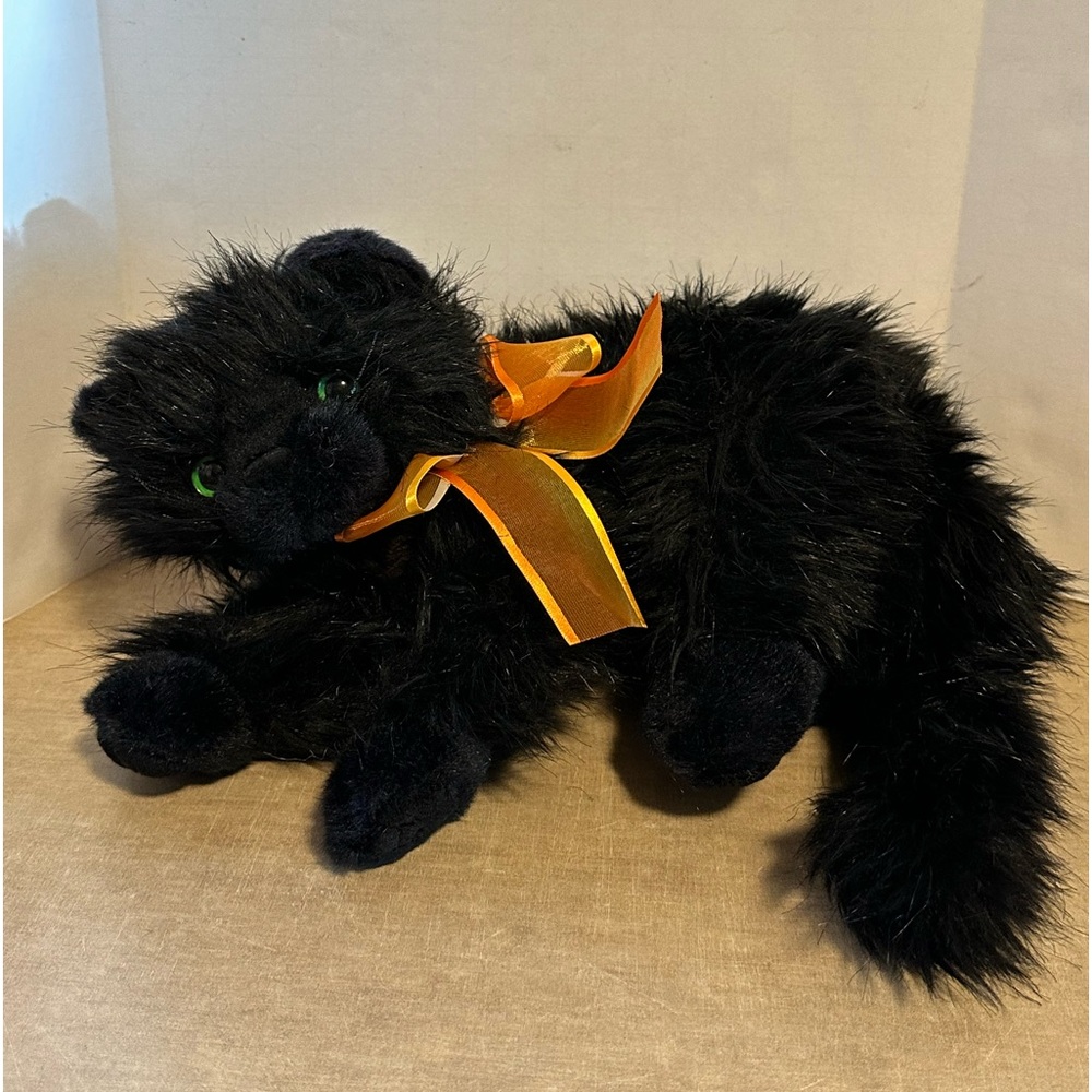TY Moonstruck Black Cat Green Eyes Stuffed Animal Orange Bow 2006 Halloween Cat